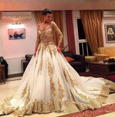 Gold Lace Beaded V-Neck Long Sleeves Ball Gown Wedding Dresses with Chapel Train